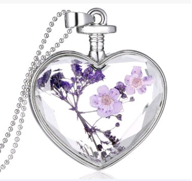 Heart pendant crystal plant specimen dry flower clavicle chain flower locket purple starry clavicle chain