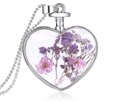 Heart pendant crystal plant specimen dry flower clavicle chain flower locket purple starry clavicle chain