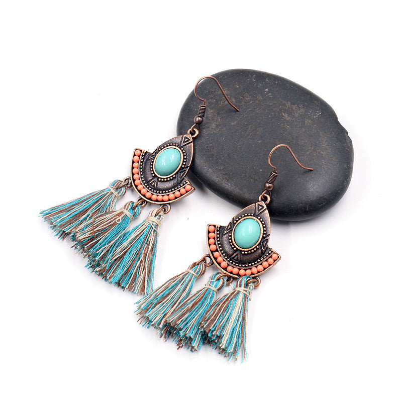 Women's Earrings European And American Bohemian Style New Exaggerated Woven Silk Thread Ear Rings Turquoise Tassel Earrings