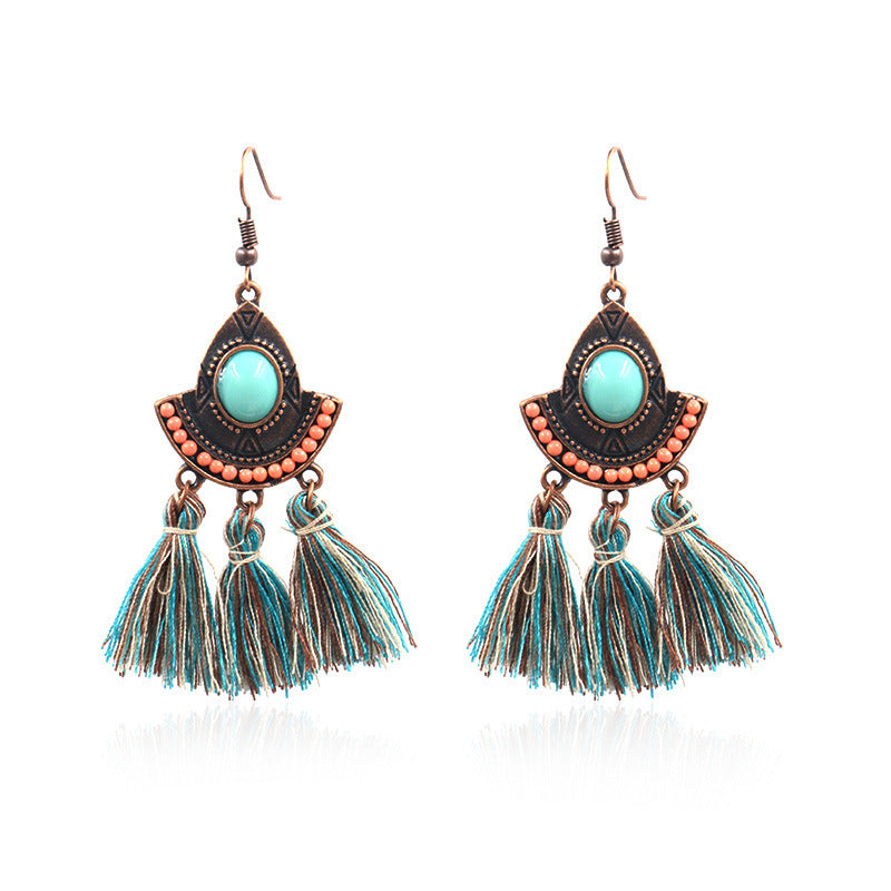 Women's Earrings European And American Bohemian Style New Exaggerated Woven Silk Thread Ear Rings Turquoise Tassel Earrings