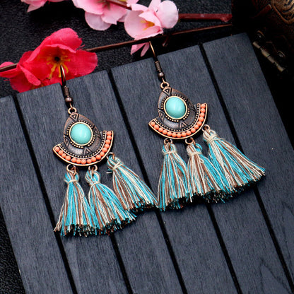 Women's Earrings European And American Bohemian Style New Exaggerated Woven Silk Thread Ear Rings Turquoise Tassel Earrings