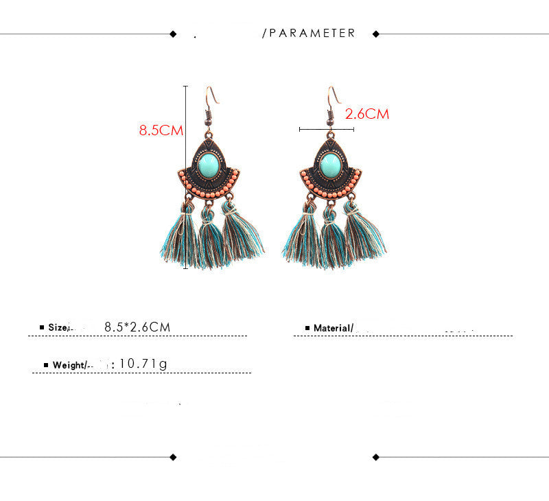 Women's Earrings European And American Bohemian Style New Exaggerated Woven Silk Thread Ear Rings Turquoise Tassel Earrings